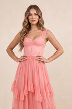 Robe rose ancien longue en résille coupe trapèze à décolleté cœur effet drapé - Harana
