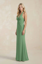 Robe demoiselle d’honneur matcha longue col V sans manches froncée - Harana