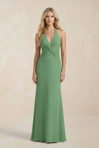 Robe demoiselle d’honneur matcha longue col V sans manches froncée - Harana