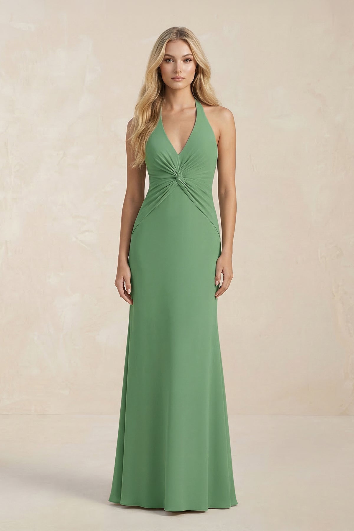 Robe demoiselle d’honneur matcha longue col V sans manches froncée - Harana