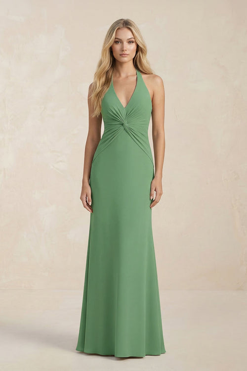 Robe de demoiselle d’honneur vert matcha longue coupe fourreau à col V effet drapé avec nœud - Harana