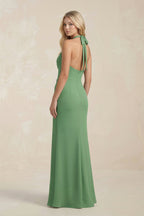 Robe demoiselle d’honneur matcha longue col V sans manches froncée - Harana