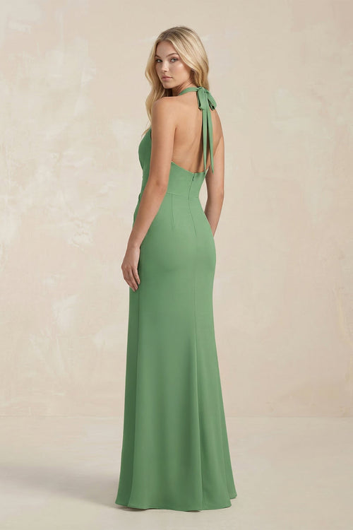 Robe de demoiselle d’honneur vert matcha longue coupe fourreau à col V effet drapé avec nœud - Harana