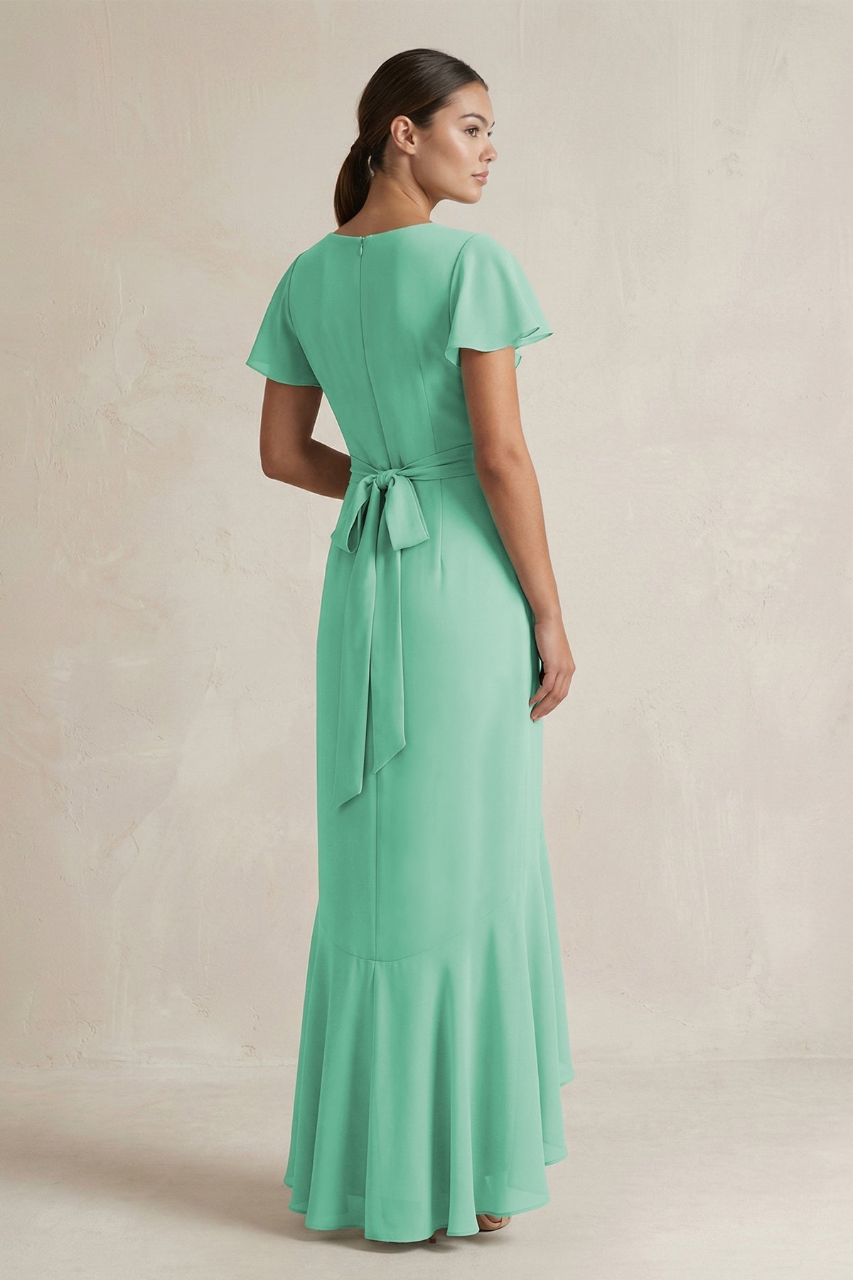 Robe demoiselle d’honneur turquoise longue col V manches courtes effet drapé - Harana
