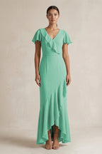 Robe demoiselle d’honneur turquoise longue col V manches courtes effet drapé - Harana