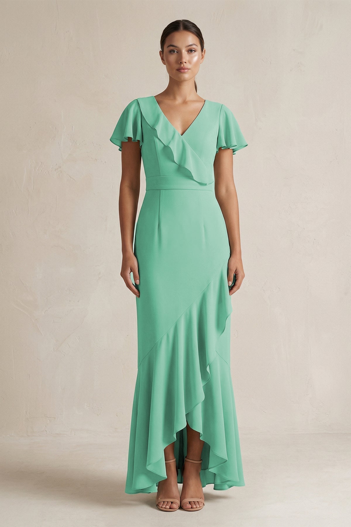Robe demoiselle d’honneur turquoise longue col V manches courtes effet drapé - Harana