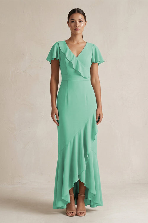 Robe de demoiselle d’honneur turquoise longue en mousseline coupe fourreau à col V ornée de volants - Harana