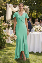 Robe demoiselle d’honneur turquoise longue col V manches courtes effet drapé - Harana