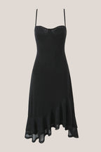 Robe noire midi en coton coupe trapèze ornée de volants - Harana