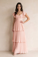 Robe rose pétale longue en mousseline coupe trapèze à manches volantées et jupe à volants - Harana