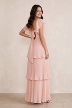 Robe rose pétale longue en mousseline coupe trapèze à manches volantées et jupe à volants - Harana