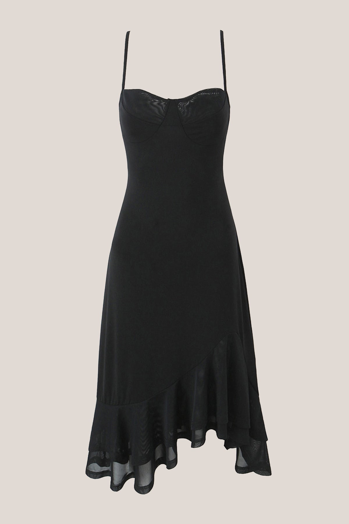 Robe noire midi coupe trapèze à fines bretelles ornée de volants - Harana