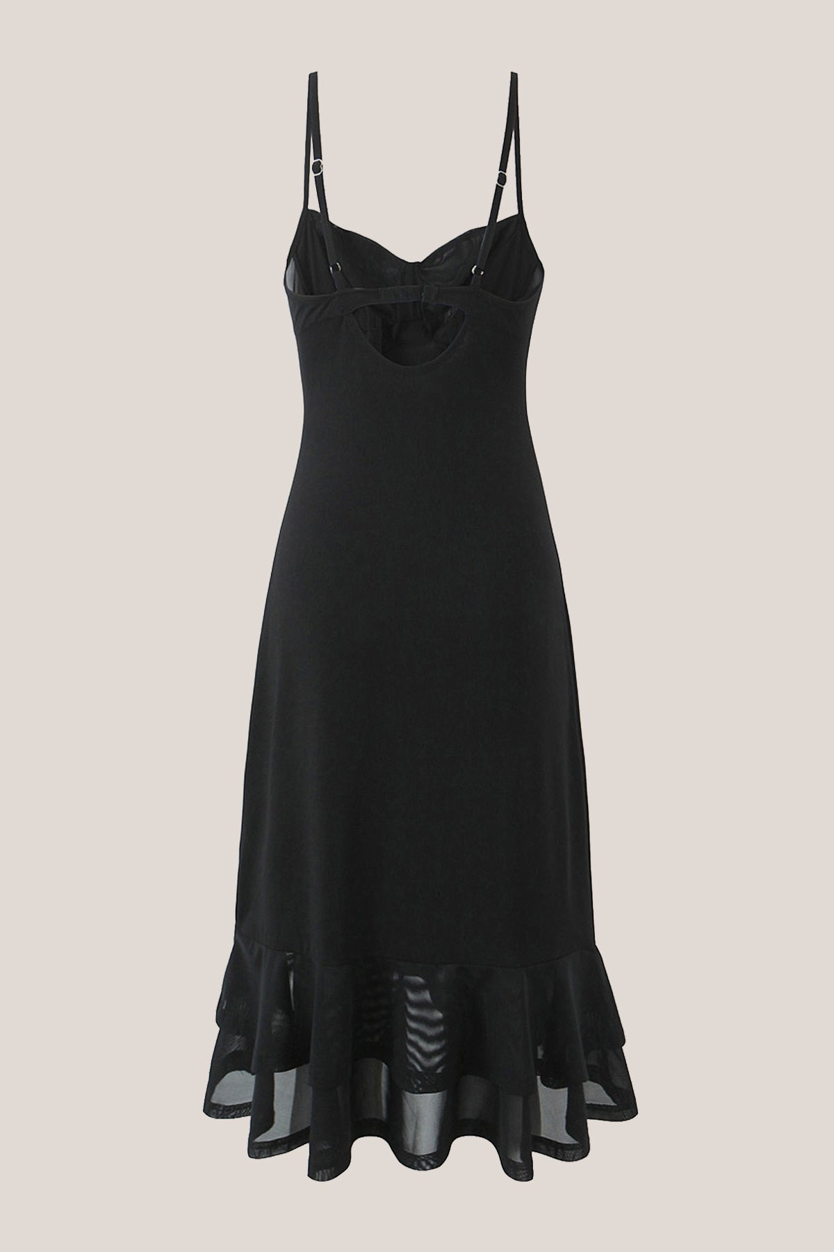 Robe noire midi coupe trapèze à fines bretelles ornée de volants - Harana