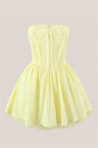 Robe jaune courte en coton coupe trapèze bustier ornée de volants - Harana