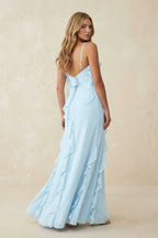 Robe demoiselle d’honneur bleu ciel longue à fines bretelles sans manches avec fente - Harana