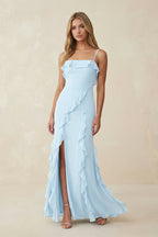 Robe demoiselle d’honneur bleu ciel longue à fines bretelles sans manches avec fente - Harana