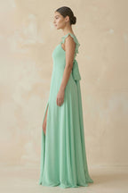 Robe demoiselle d’honneur pale pistachio longue à épaules dénudées à fines bretelles sans manches - Harana