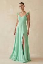 Robe demoiselle d’honneur pale pistachio longue à épaules dénudées à fines bretelles sans manches - Harana