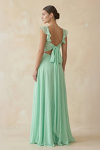 Robe demoiselle d’honneur pale pistachio longue à épaules dénudées à fines bretelles sans manches - Harana