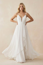 Robe de mariée blanche trapèze en mousseline dos nu à fines bretelles - Harana