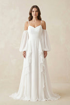 Robe de mariée blanche en mousseline coupe trapèze ornée de volants - Harana
