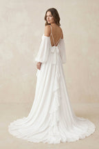 Robe de mariée blanche en mousseline coupe trapèze ornée de volants - Harana