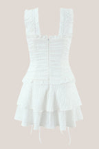 Robe blanche courte en coton à encolure carrée plissée - Harana