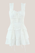 Robe blanche courte en coton à encolure carrée plissée - Harana