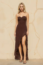 Robe longue marron à volants - Harana
