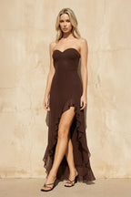 Robe longue marron à volants - Harana