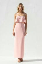 Robe longue rose perlée à volants - Harana