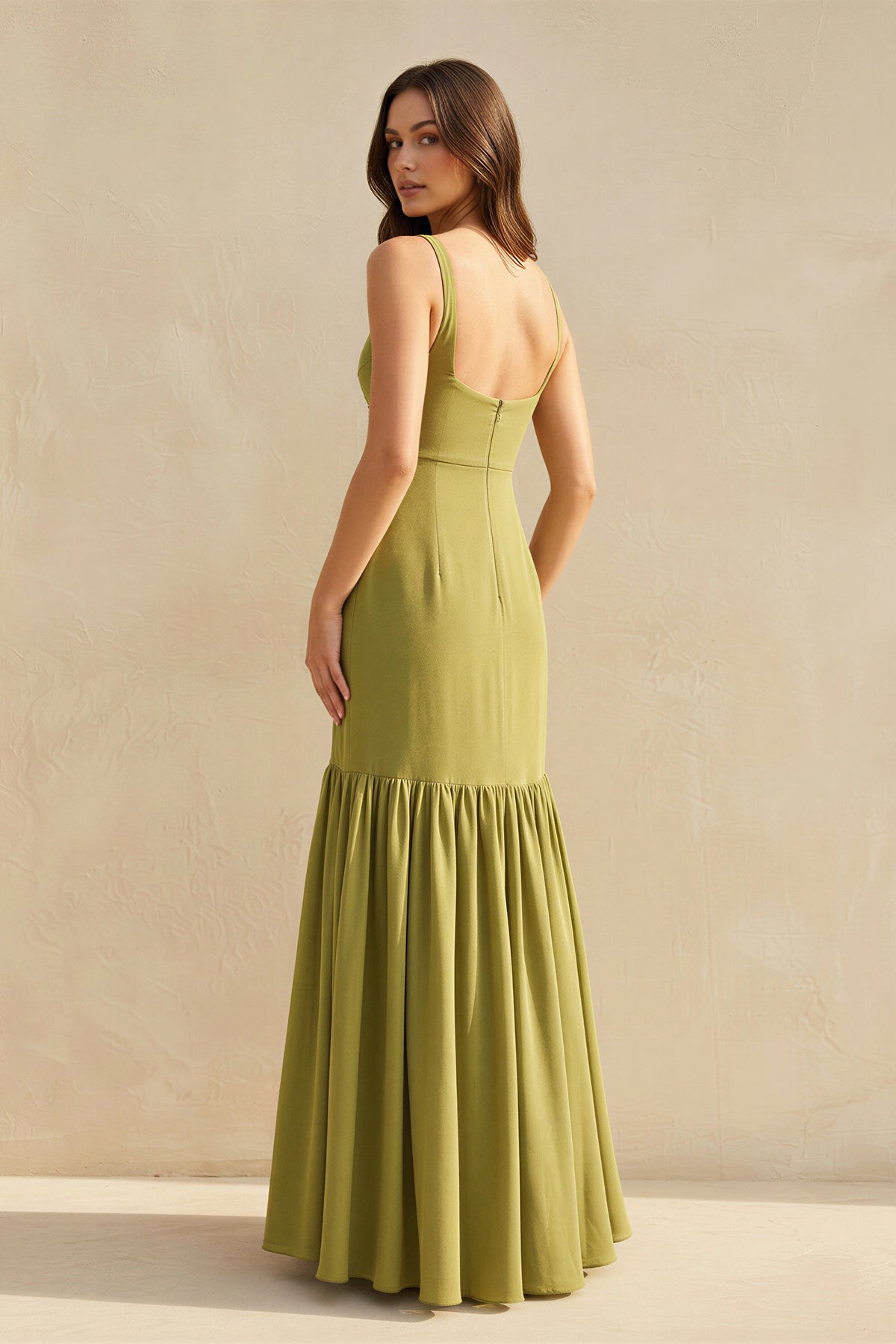 Robe longue olive à volants - Harana