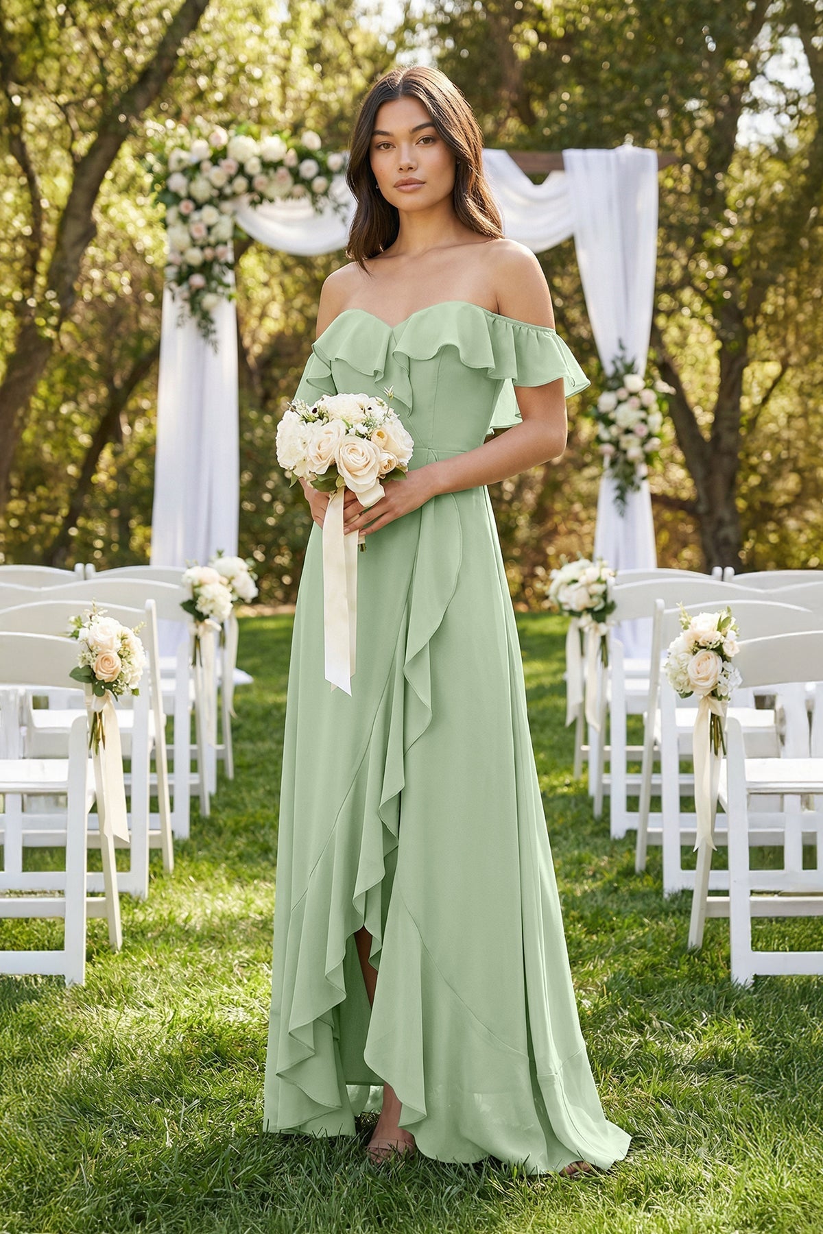 Robe demoiselle d’honneur vert sauge longue à épaules dénudées avec fente effet drapé - Harana