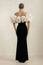 Robe longue noire satinée à épaules dénudées - Harana