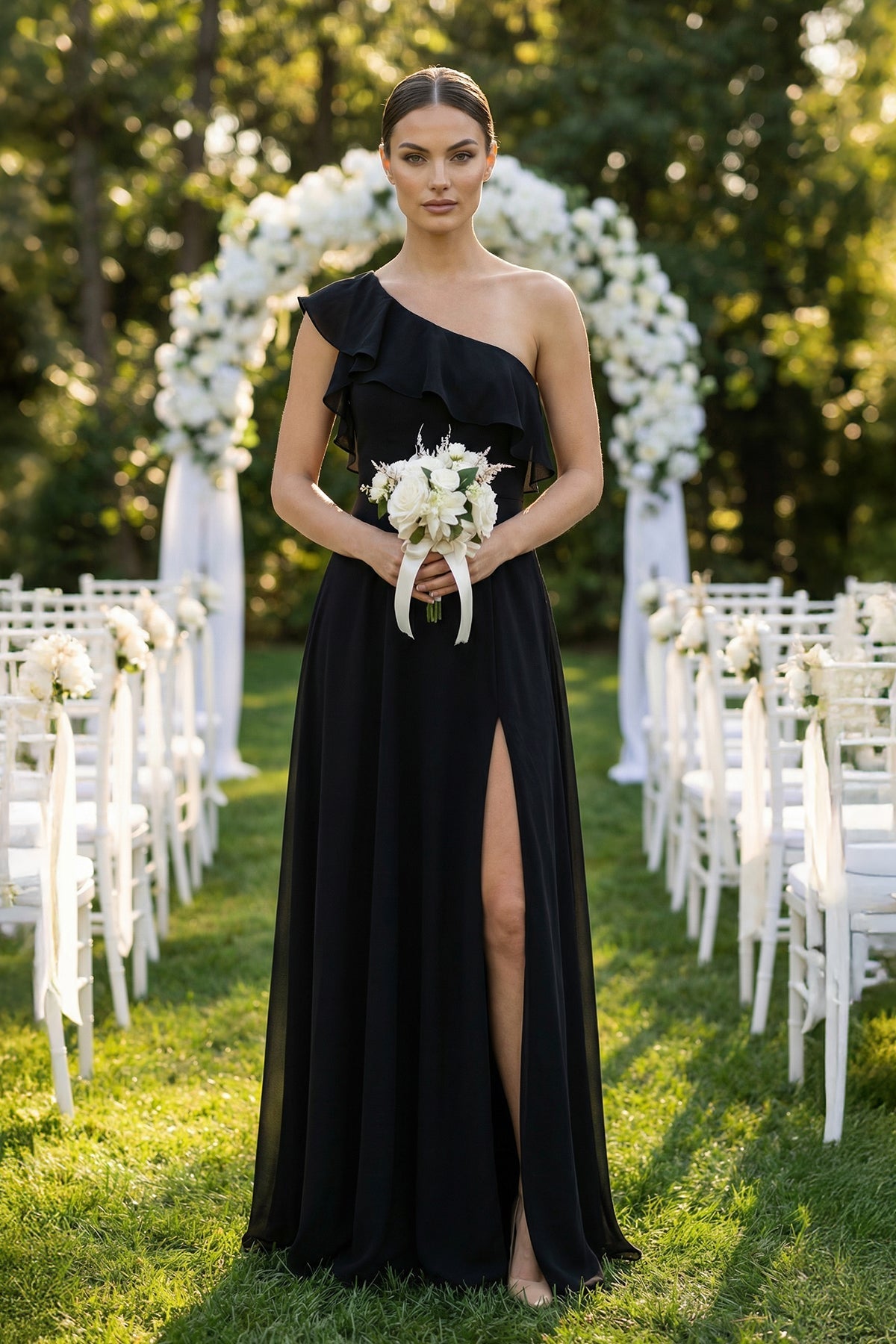Robe demoiselle d’honneur noir longue asymétrique sans manches effet drapé - Harana