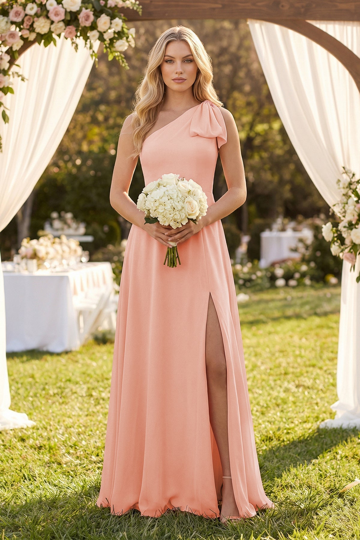Robe demoiselle d’honneur rose petal longue asymétrique sans manches avec fente - Harana