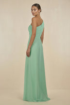 Robe demoiselle d’honneur pale pistachio longue asymétrique sans manches plissée - Harana