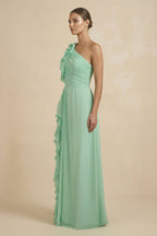 Robe demoiselle d’honneur pale pistachio longue asymétrique sans manches plissée - Harana