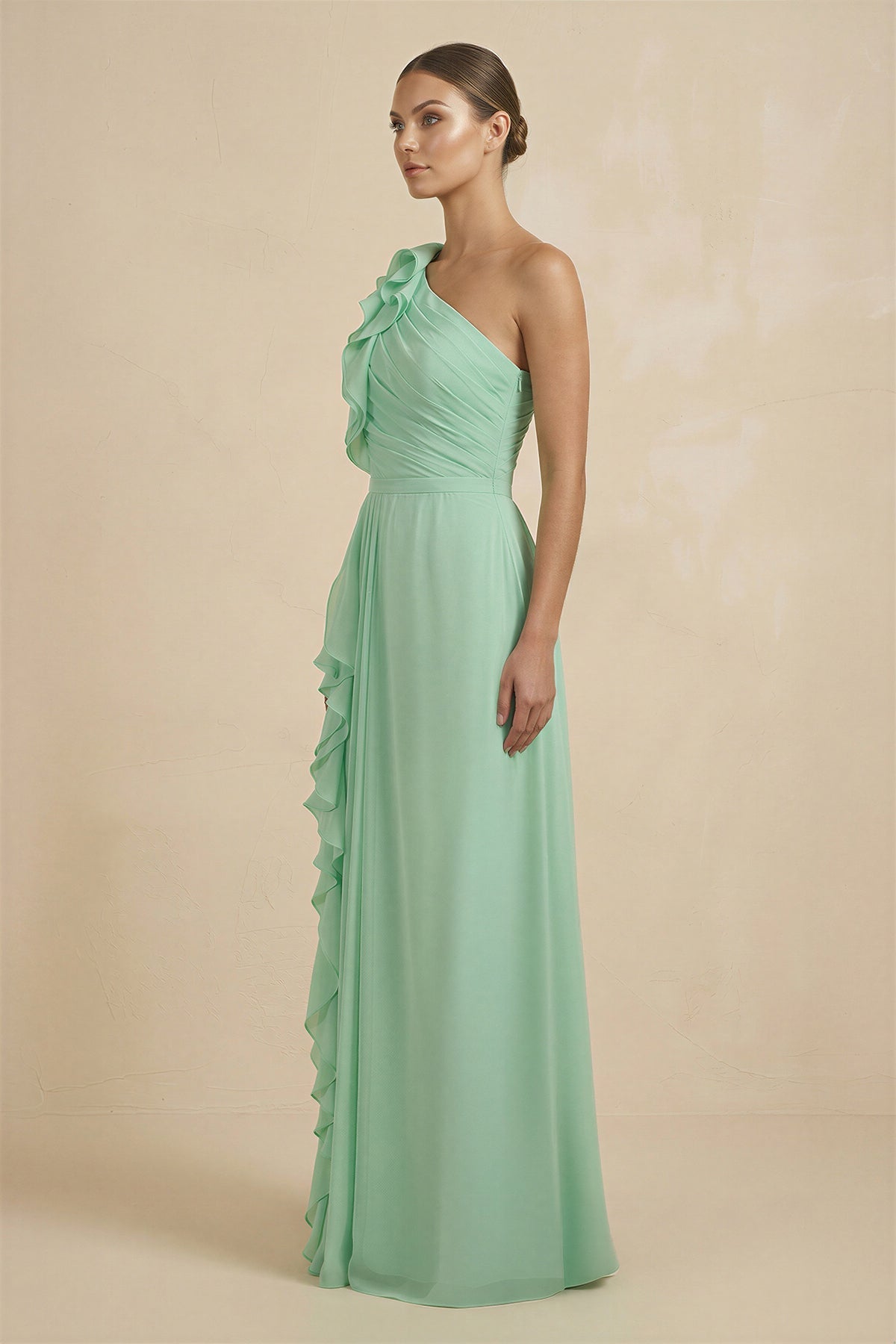 Robe demoiselle d’honneur pale pistachio longue asymétrique sans manches plissée - Harana