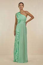 Robe demoiselle d’honneur pale pistachio longue asymétrique sans manches plissée - Harana