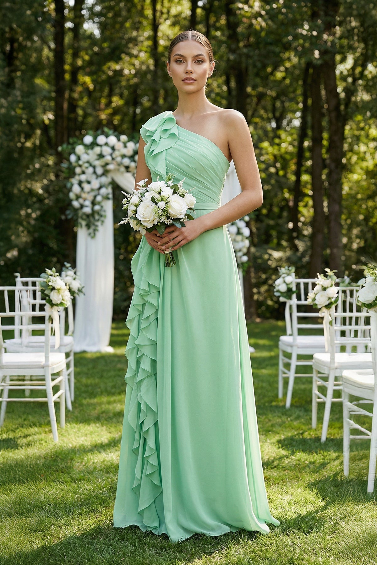 Robe demoiselle d’honneur pale pistachio longue asymétrique sans manches plissée - Harana