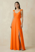 Robe longue orange en mousseline coupe trapèze à volants - Harana