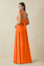 Robe longue orange en mousseline coupe trapèze à volants - Harana