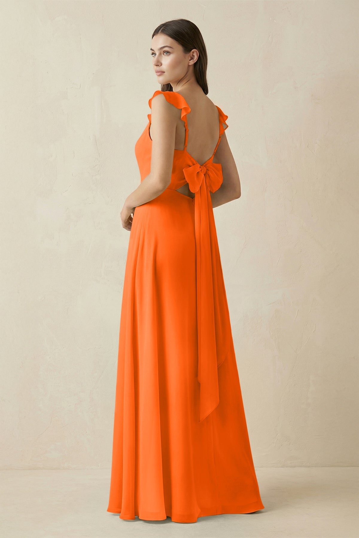Robe longue orange en mousseline coupe trapèze à volants - Harana