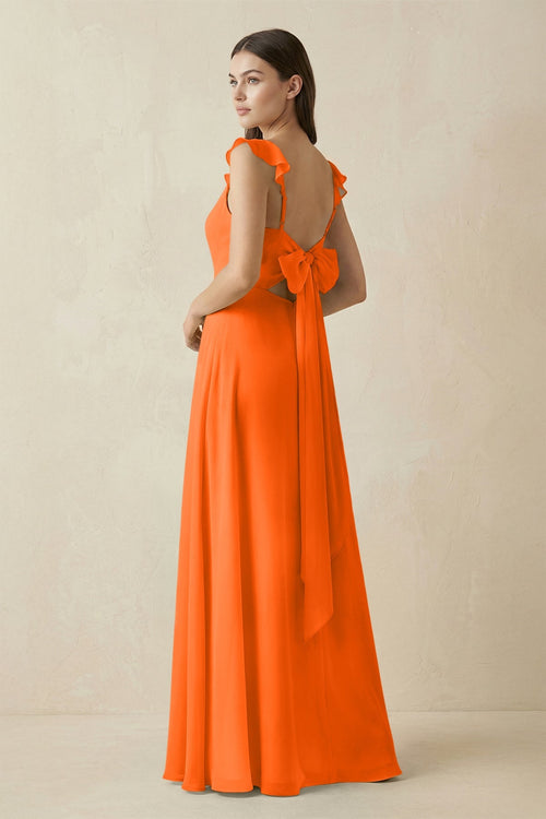 Robe de demoiselle d’honneur orange longue en mousseline coupe trapèze ornée de volants - Harana