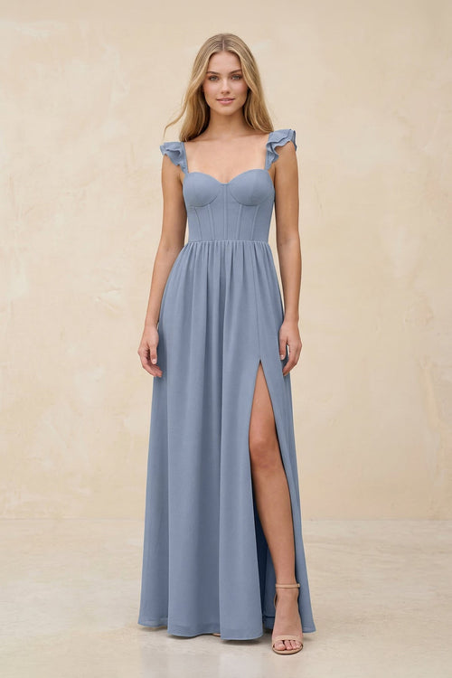 Robe de demoiselle d’honneur bleu crépuscule longue en mousseline coupe trapèze ornée de volants avec corset - Harana
