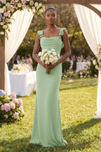 Robe demoiselle d’honneur vert sauge longue effet drapé à volants satinée - Harana
