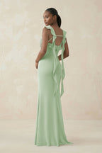 Robe demoiselle d’honneur vert sauge longue effet drapé à volants satinée - Harana