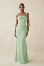 Robe demoiselle d’honneur vert sauge longue effet drapé à volants satinée - Harana