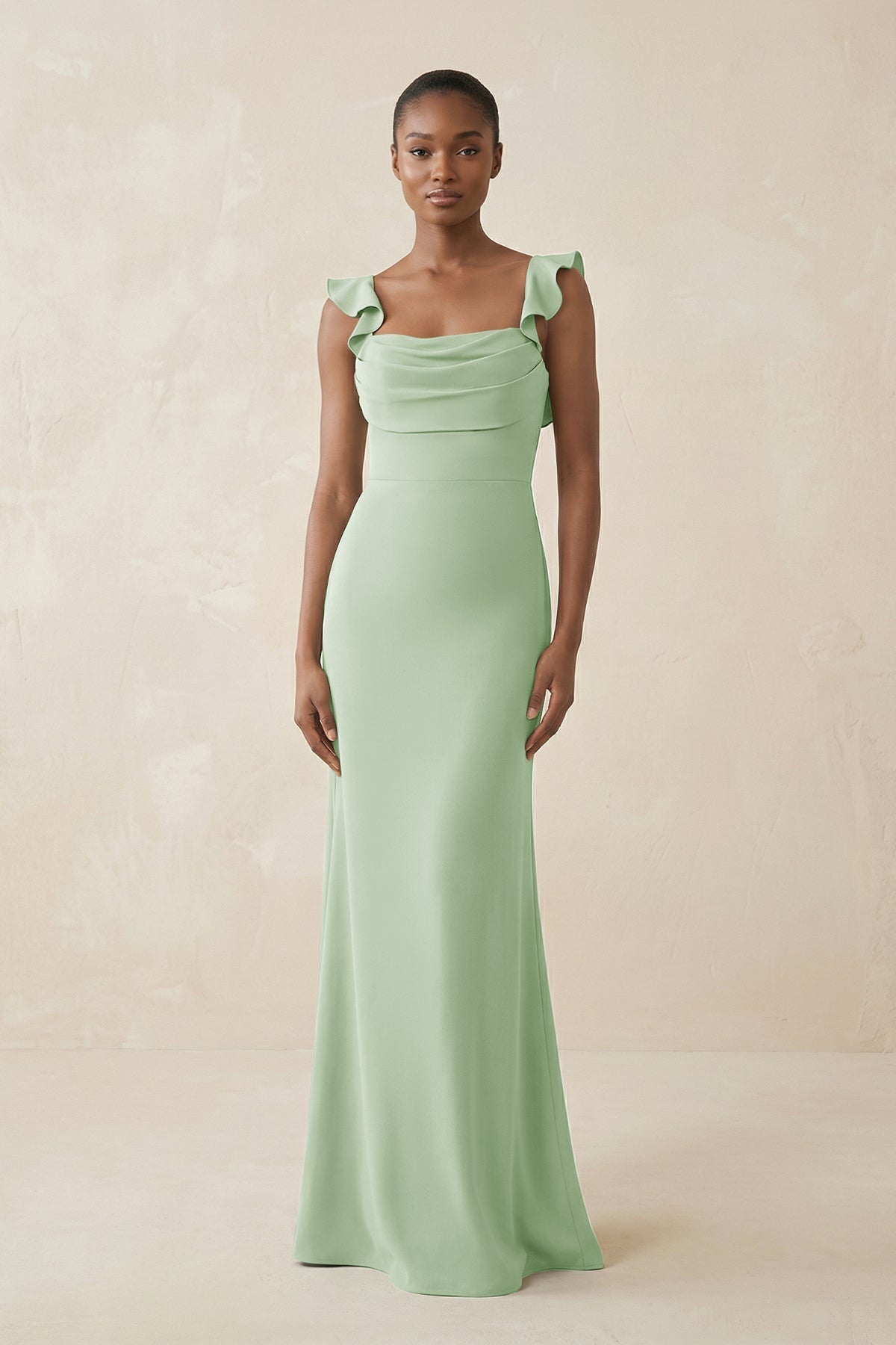 Robe demoiselle d’honneur vert sauge longue effet drapé à volants satinée - Harana